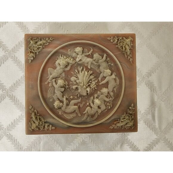 Incolay Stone Pink & White Trinket Jewelry Box 7"x7" Cupid Angels Square - Picture 3 of 9